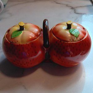 Vintage Peach Double Condiment Jars Maruhon Ware Japan Great Condition No Spoons
